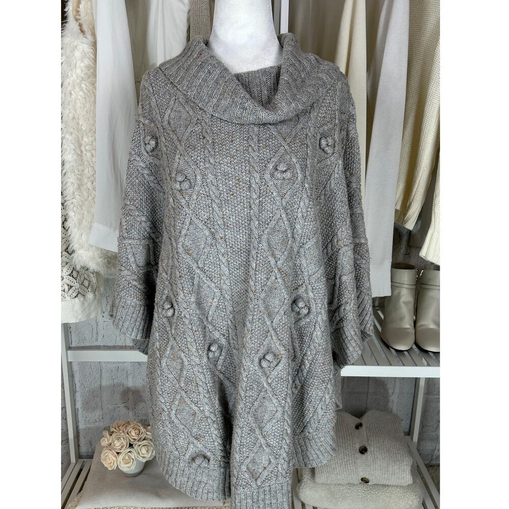Talbots Women's Size M Gray Cable Knit Cowl Neck Poncho Pullover Sweater #0564